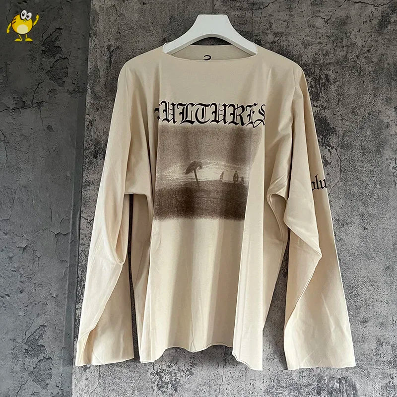 Black Apricot Vultures Long Sleeve T-shirt Men Woman 1:1 YZY High Street Loose Tee Top Vintage Graphic Print