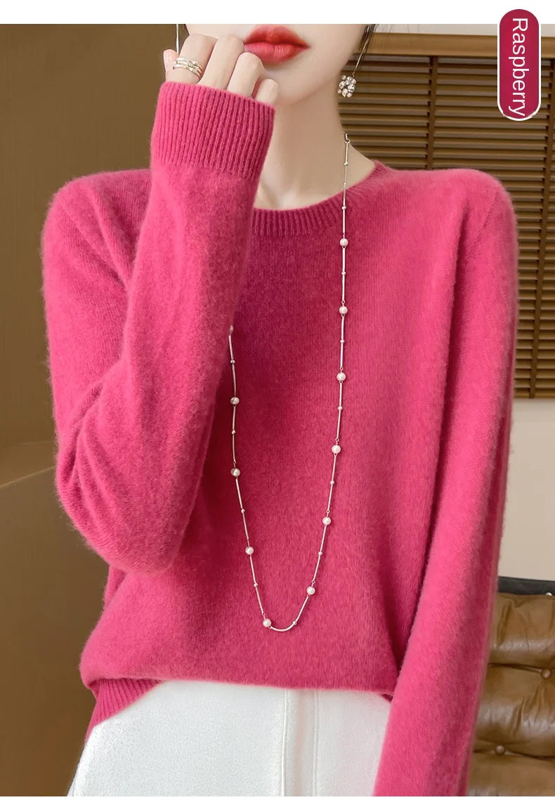 2024 Fashion 100% Merino Wool Sweater Cashmere Pullover O-Neck Long Sleeve Women Knitwear Autumn Winter Clothing Y2K Tops O Ling