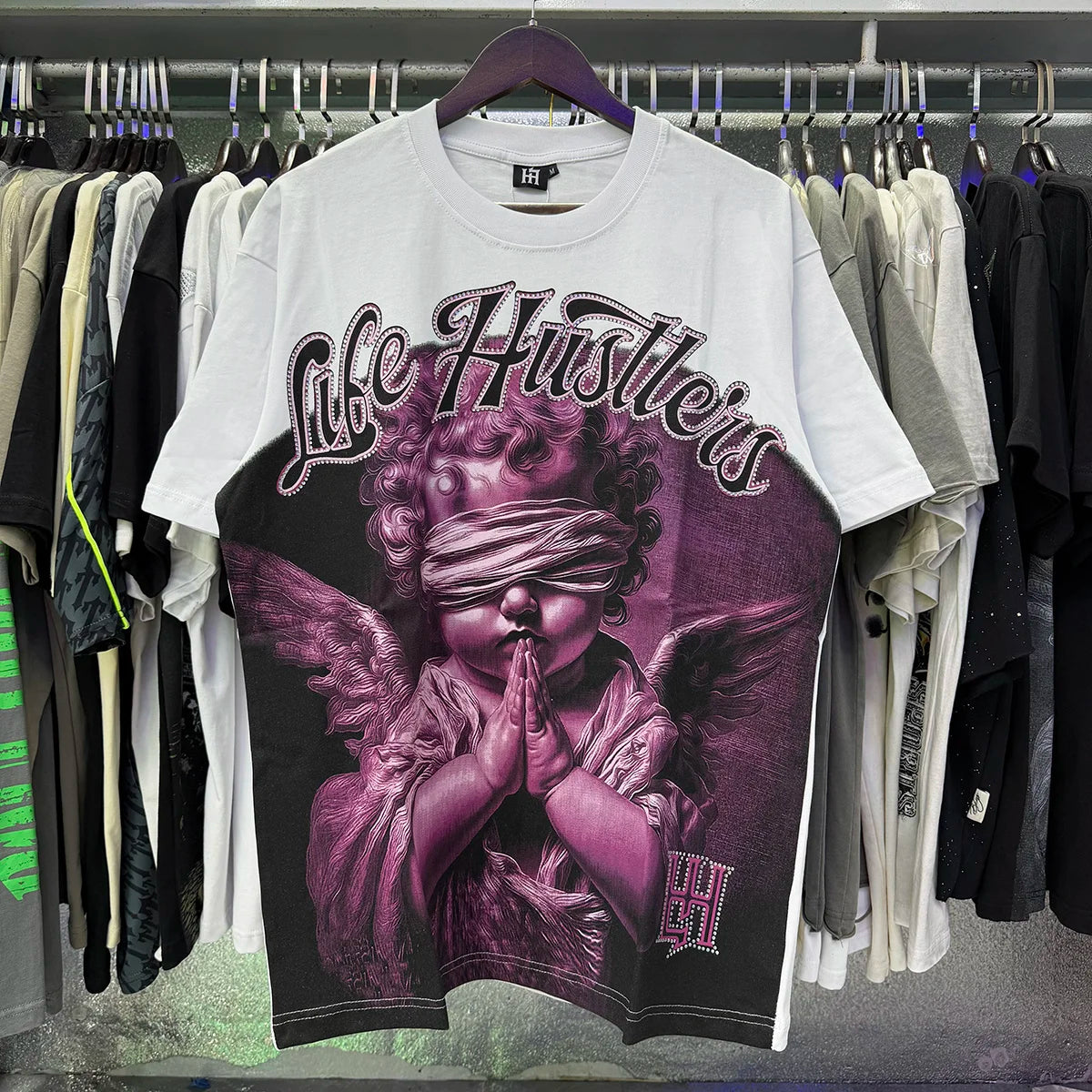 Masked Angel Shooting Arrows Diamond Cotton Short Sleeve Tshirts for Men and Women Crew Neck Loose Summer T-shirt Oversized Tees