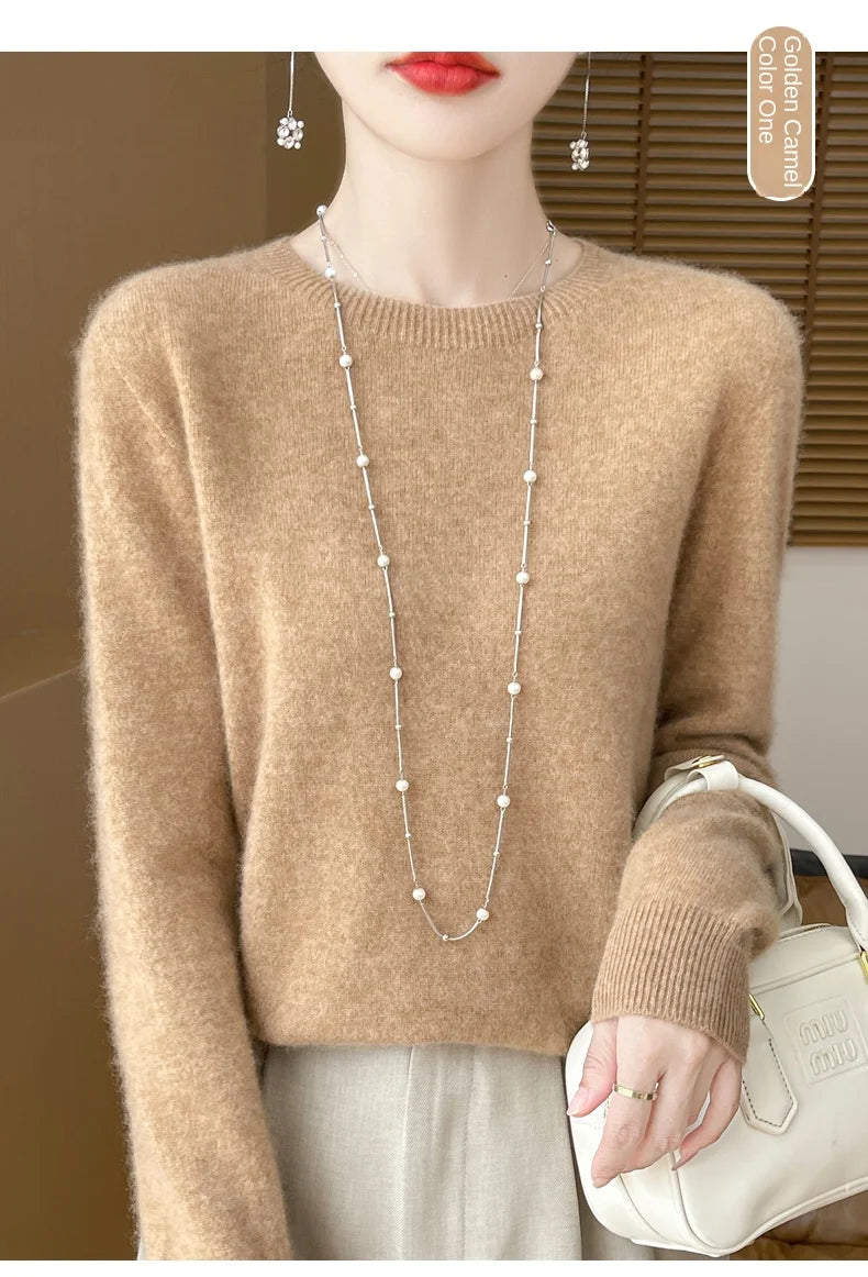 2024 Fashion 100% Merino Wool Sweater Cashmere Pullover O-Neck Long Sleeve Women Knitwear Autumn Winter Clothing Y2K Tops O Ling