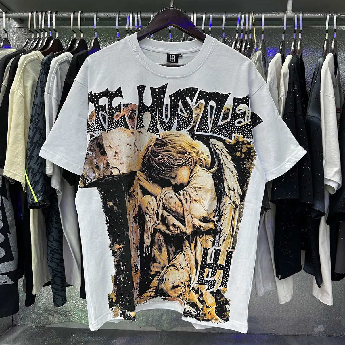 Masked Angel Shooting Arrows Diamond Cotton Short Sleeve Tshirts for Men and Women Crew Neck Loose Summer T-shirt Oversized Tees