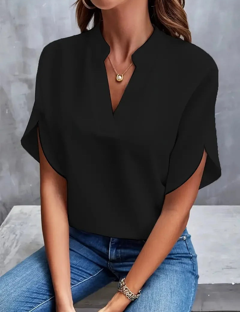 VEITCHE Summer Women Casual Solid Blouse Women Fashion V-neck Half Sleeve Shirts Office Elegant Pullover Loose Blusas Tops