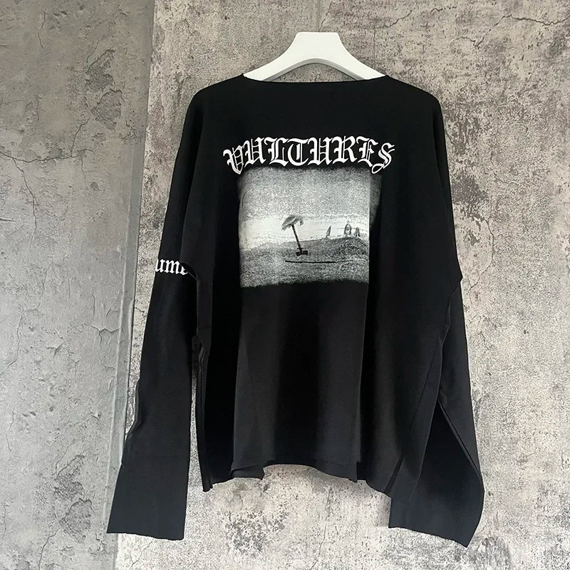 Black Apricot Vultures Long Sleeve T-shirt Men Woman 1:1 YZY High Street Loose Tee Top Vintage Graphic Print