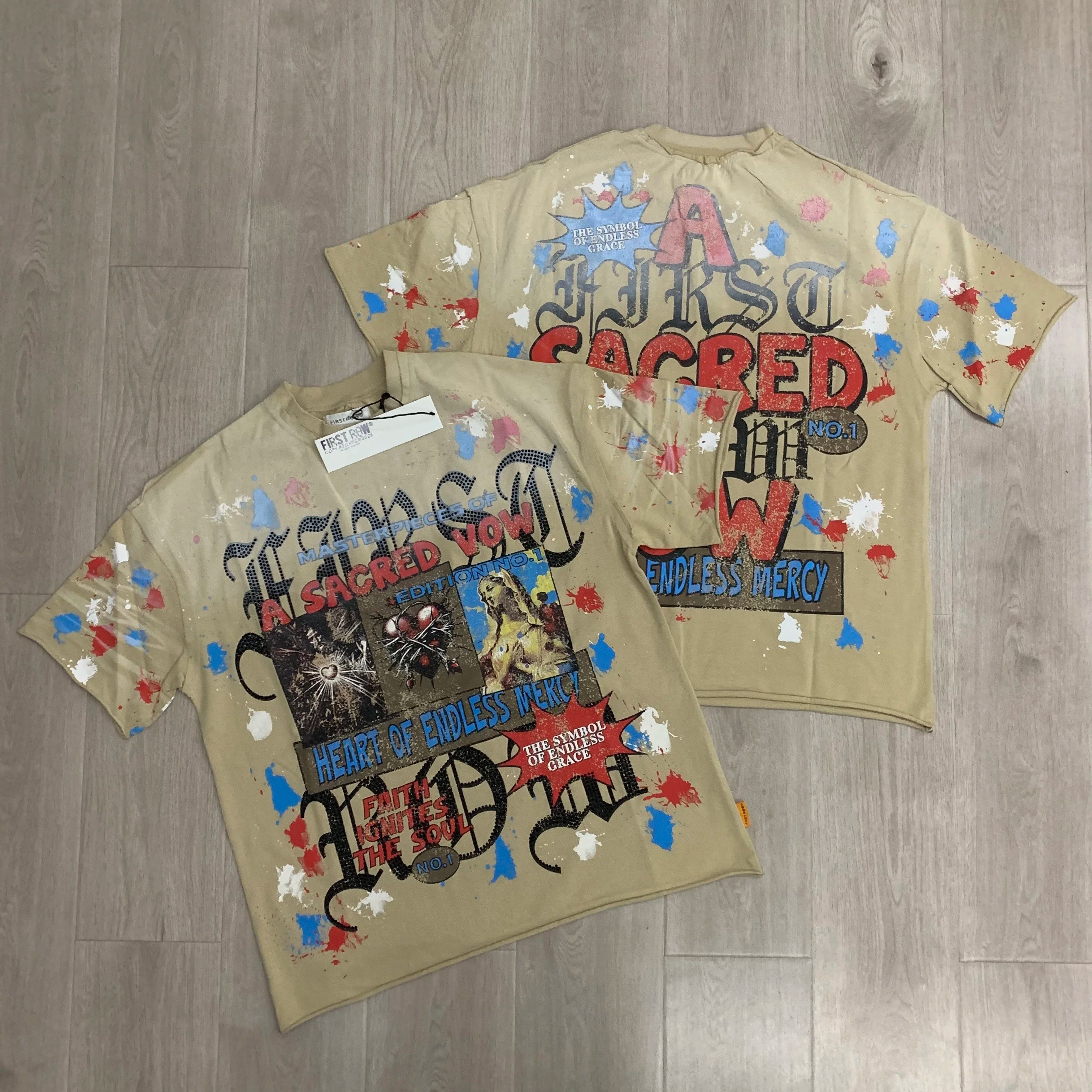 Streetwear Vintage Washed Diamond Cropped Tee for Men Crew Neck Short Sleeve Loose Cotton Rhineston Tshirts Oversized