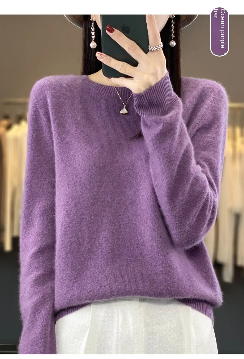 2024 Fashion 100% Merino Wool Sweater Cashmere Pullover O-Neck Long Sleeve Women Knitwear Autumn Winter Clothing Y2K Tops O Ling