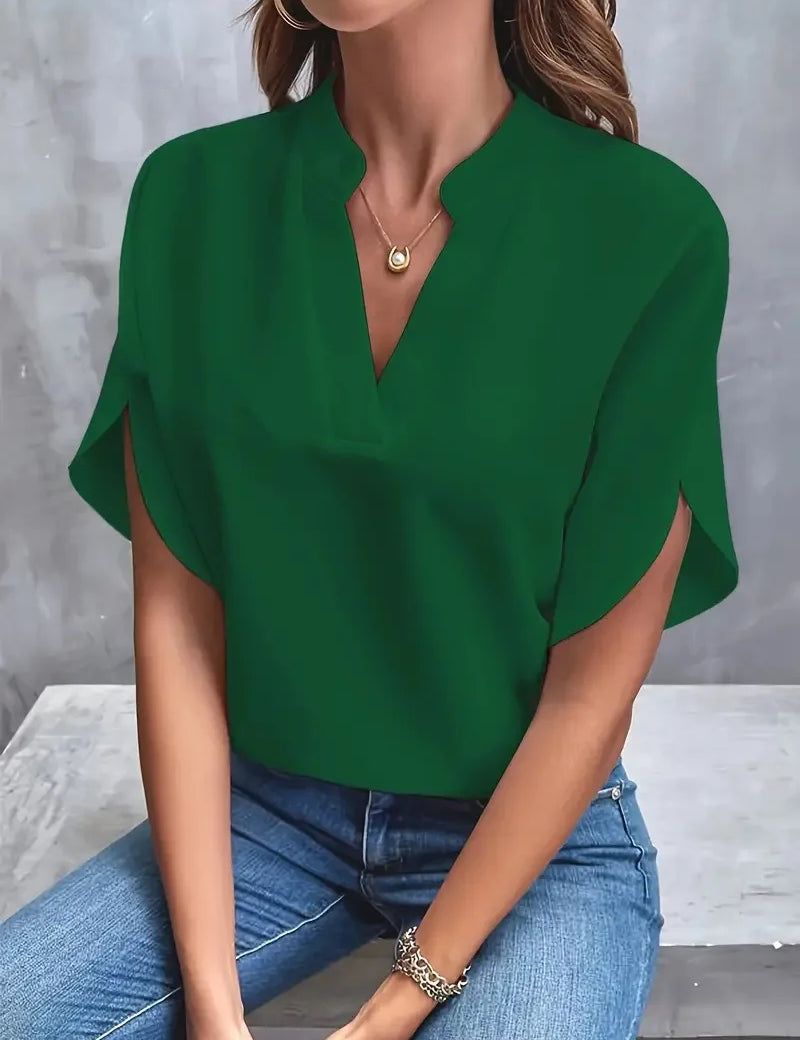 VEITCHE Summer Women Casual Solid Blouse Women Fashion V-neck Half Sleeve Shirts Office Elegant Pullover Loose Blusas Tops