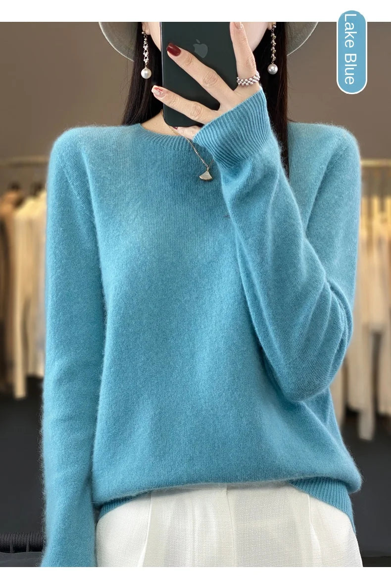 2024 Fashion 100% Merino Wool Sweater Cashmere Pullover O-Neck Long Sleeve Women Knitwear Autumn Winter Clothing Y2K Tops O Ling