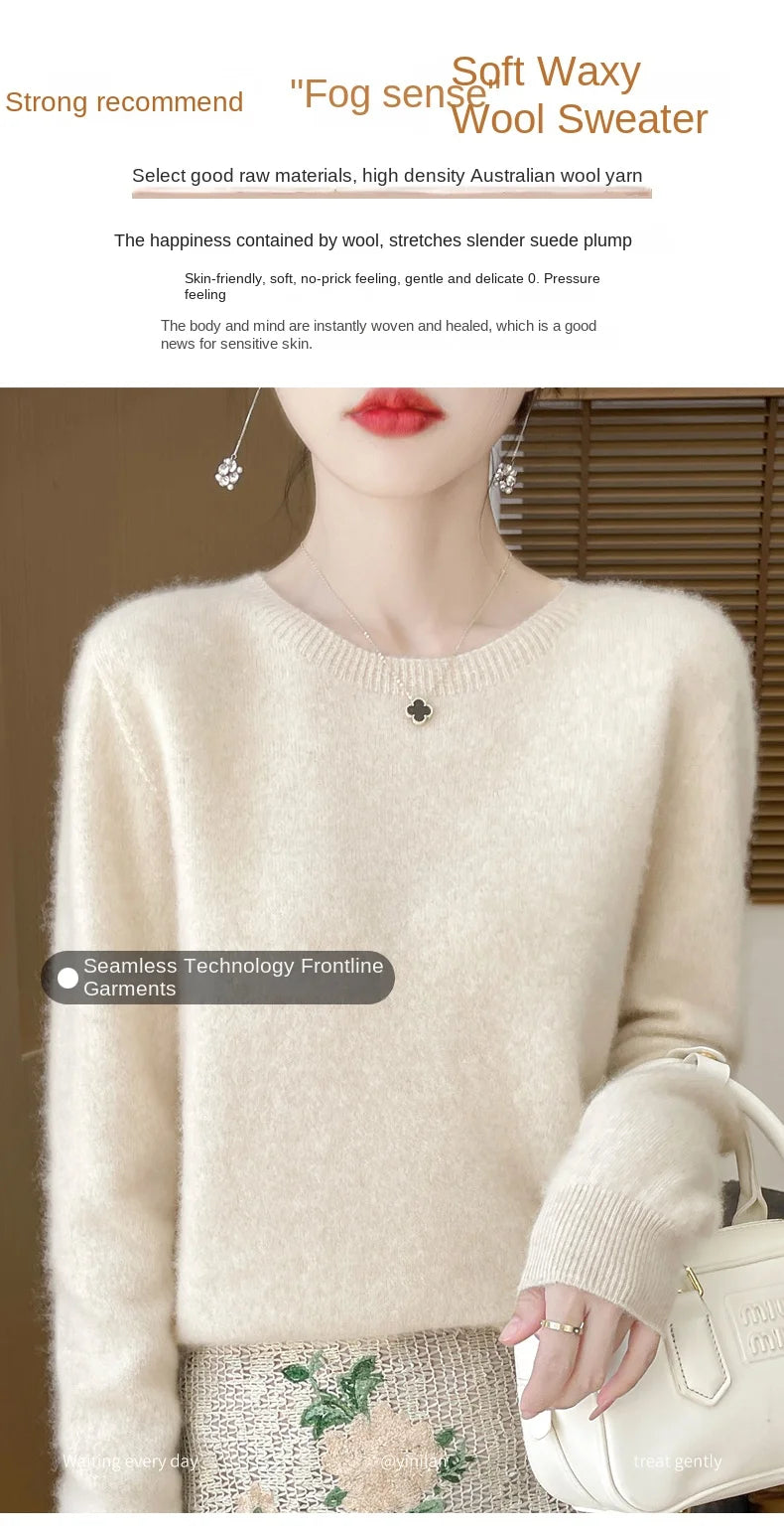2024 Fashion 100% Merino Wool Sweater Cashmere Pullover O-Neck Long Sleeve Women Knitwear Autumn Winter Clothing Y2K Tops O Ling