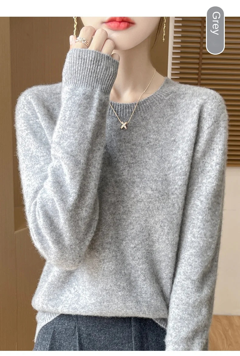 2024 Fashion 100% Merino Wool Sweater Cashmere Pullover O-Neck Long Sleeve Women Knitwear Autumn Winter Clothing Y2K Tops O Ling