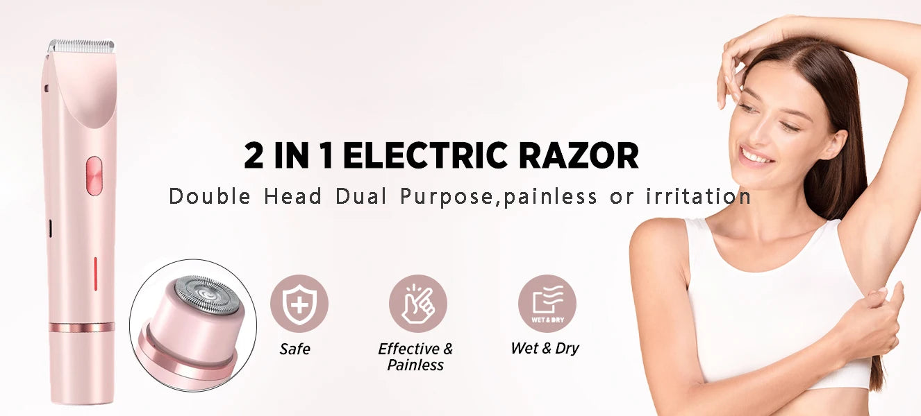 Women Electric Shaver Dual Head Bikini Trimmer Waterproof Body Hair  Trimmer Facial Hair Remover for Bikini Underarm Leg Arm