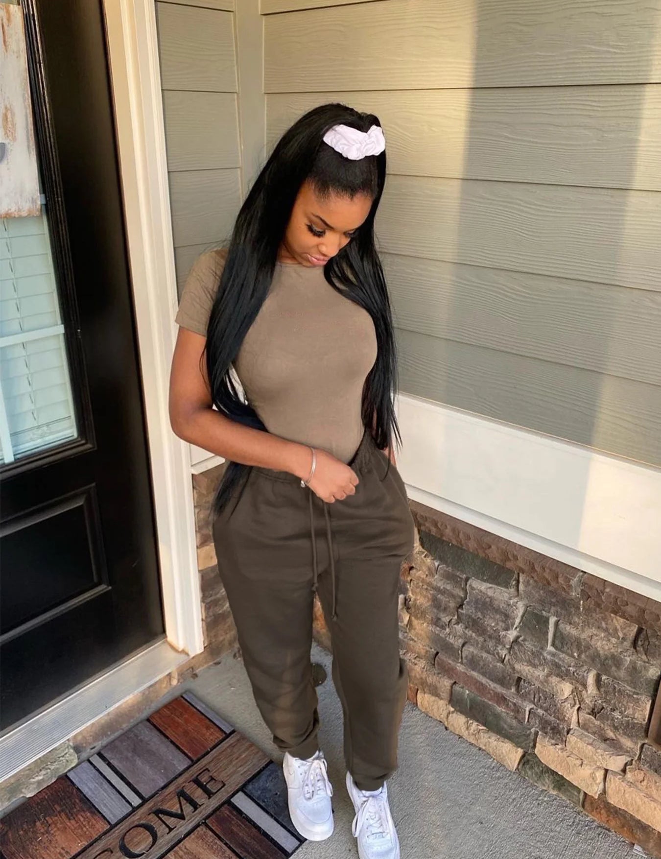 Two Piece Versatile Solid Color Sports And Leisure Set, Women's Cotton Slim Fit T-shirt Paired With Loose Jogging Pants