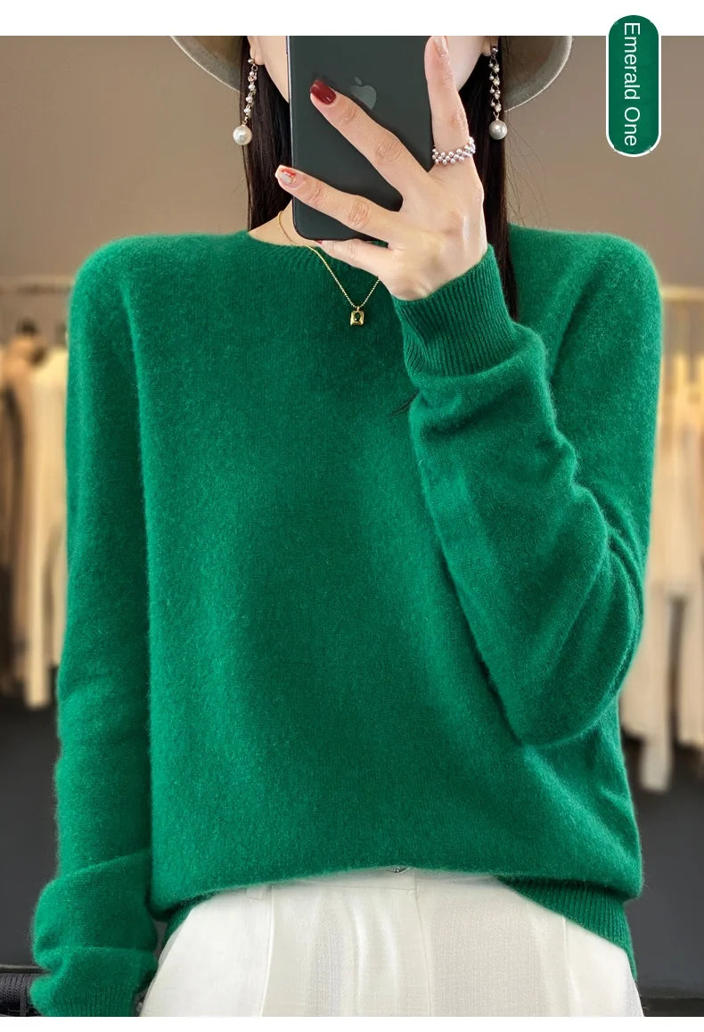 2024 Fashion 100% Merino Wool Sweater Cashmere Pullover O-Neck Long Sleeve Women Knitwear Autumn Winter Clothing Y2K Tops O Ling