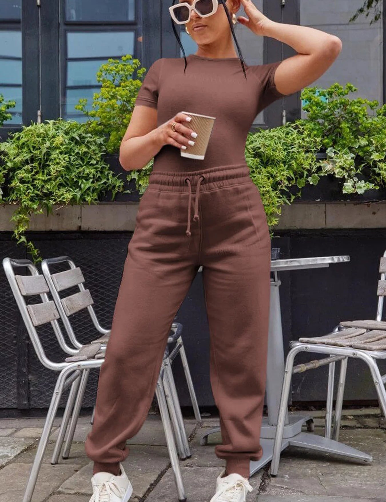 Two Piece Versatile Solid Color Sports And Leisure Set, Women's Cotton Slim Fit T-shirt Paired With Loose Jogging Pants