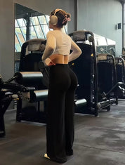 Gym Workout Wide Leg Leggings Women High Waist Tummy Control Loose Yoga Pants Woman Gray Hip Lifting Straight Sports Trousers