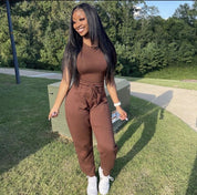 Two Piece Versatile Solid Color Sports And Leisure Set, Women's Cotton Slim Fit T-shirt Paired With Loose Jogging Pants