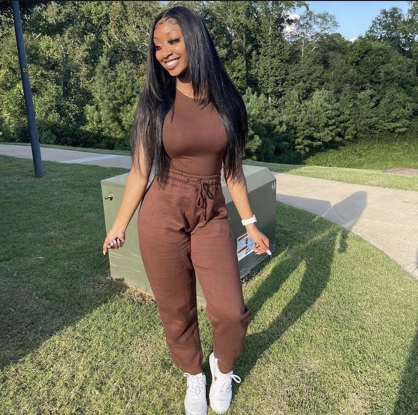 Two Piece Versatile Solid Color Sports And Leisure Set, Women's Cotton Slim Fit T-shirt Paired With Loose Jogging Pants