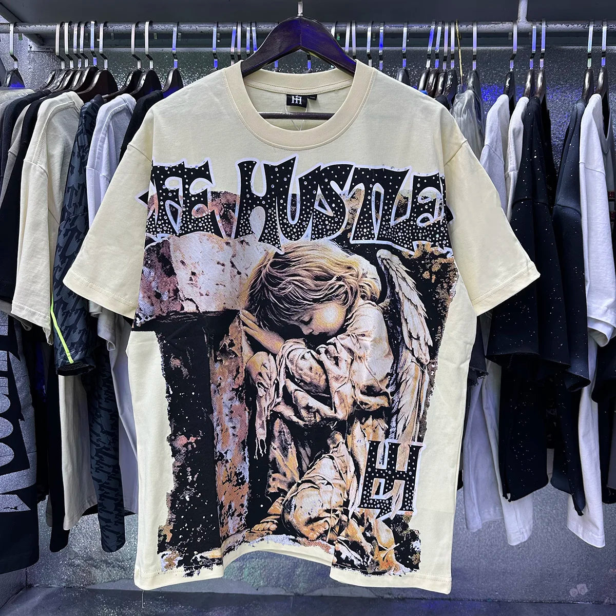 Masked Angel Shooting Arrows Diamond Cotton Short Sleeve Tshirts for Men and Women Crew Neck Loose Summer T-shirt Oversized Tees