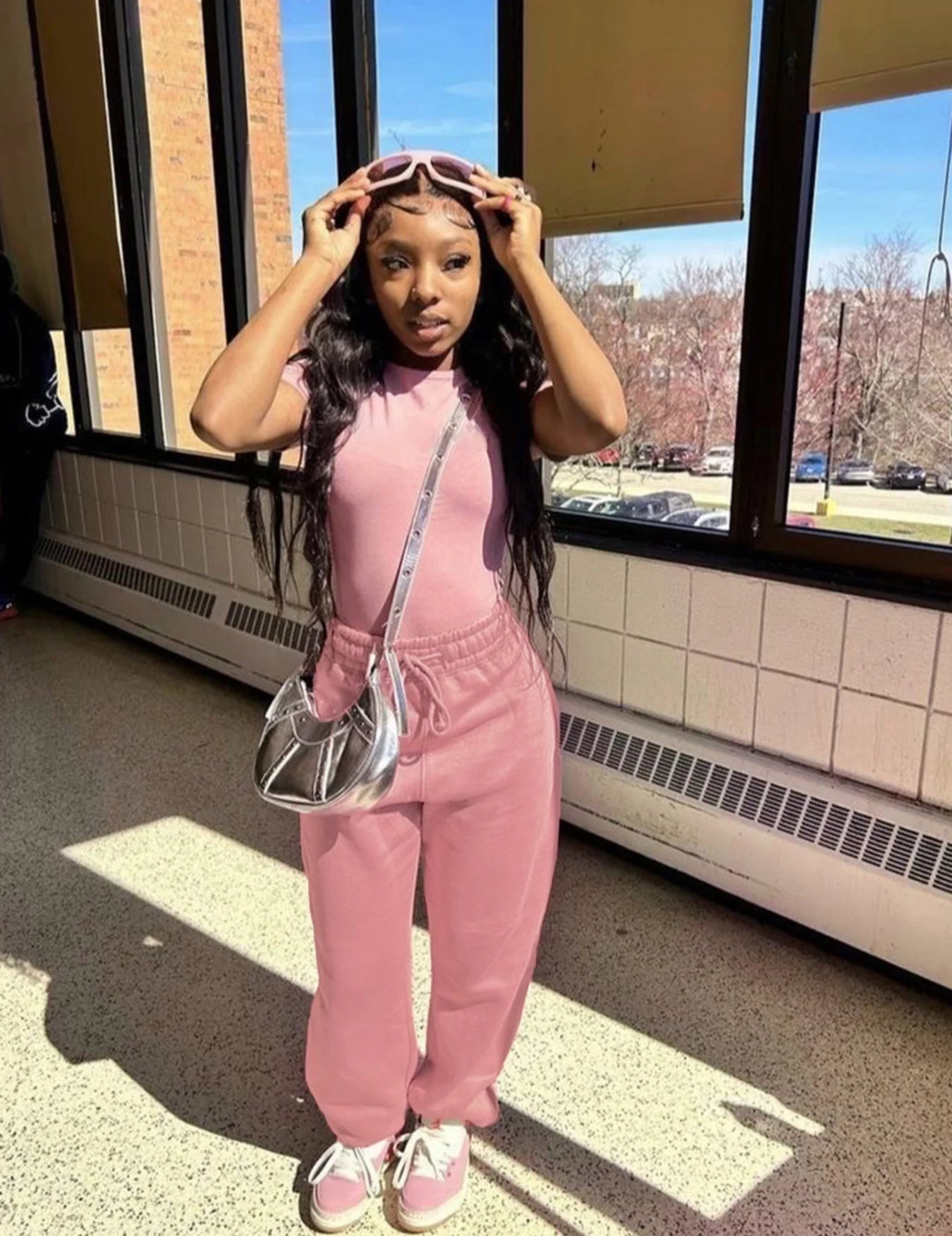 Two Piece Versatile Solid Color Sports And Leisure Set, Women's Cotton Slim Fit T-shirt Paired With Loose Jogging Pants