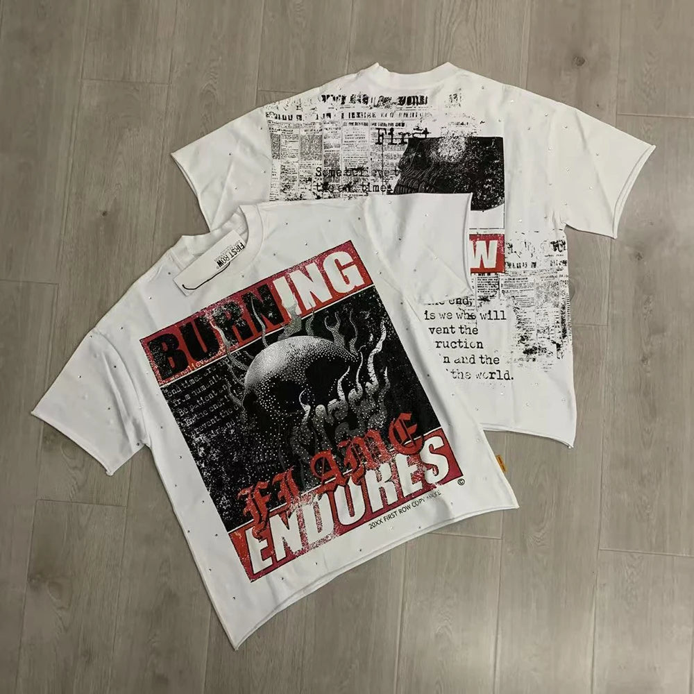 Streetwear Vintage Washed Diamond Cropped Tee for Men Crew Neck Short Sleeve Loose Cotton Rhineston Tshirts Oversized